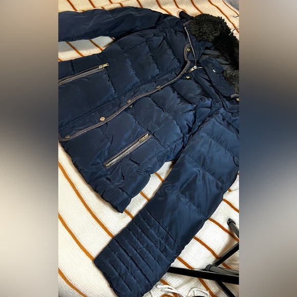 Navy Blue Puffer Jacket w/ Gold Accents (Zipper, Buttons) - Picture 2 of 5